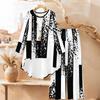 Geometric Pattern Print Two Piece Outfit Women Long Sleeve Irregular Hem Tunic Top Wide Leg Pants Casual Matching Set