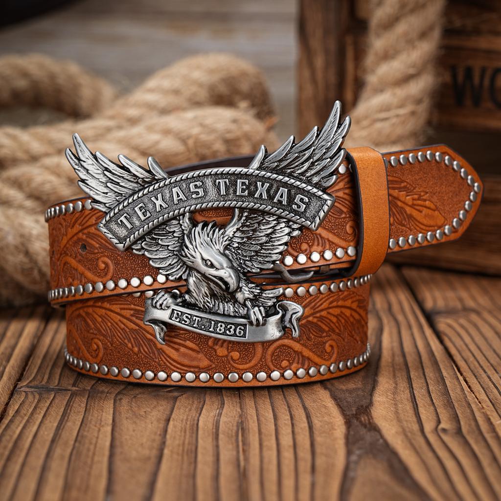 Men & Women-Western-Cowboy-PU Leather-Belts - Vintage horse Belt Floral Engraved Buckle Belt for Jeans