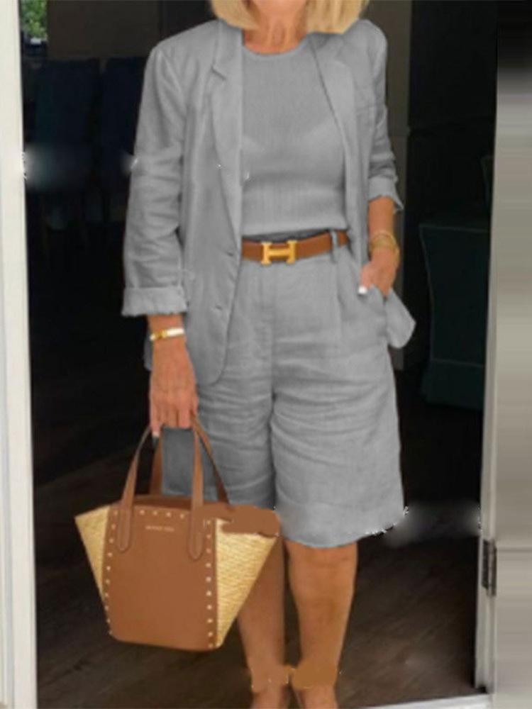 2025 Spring & Autumn Women's Cotton-Linen Cardigan Suit: Two-Piece Set with Top & Shorts
