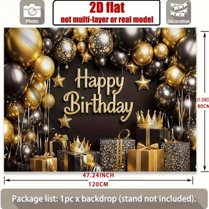 

2D Luxury Black Gold Happy Birthday Backdrop Gift Box & Crown Photography Banner 47.2x31.5inch/120*80cm