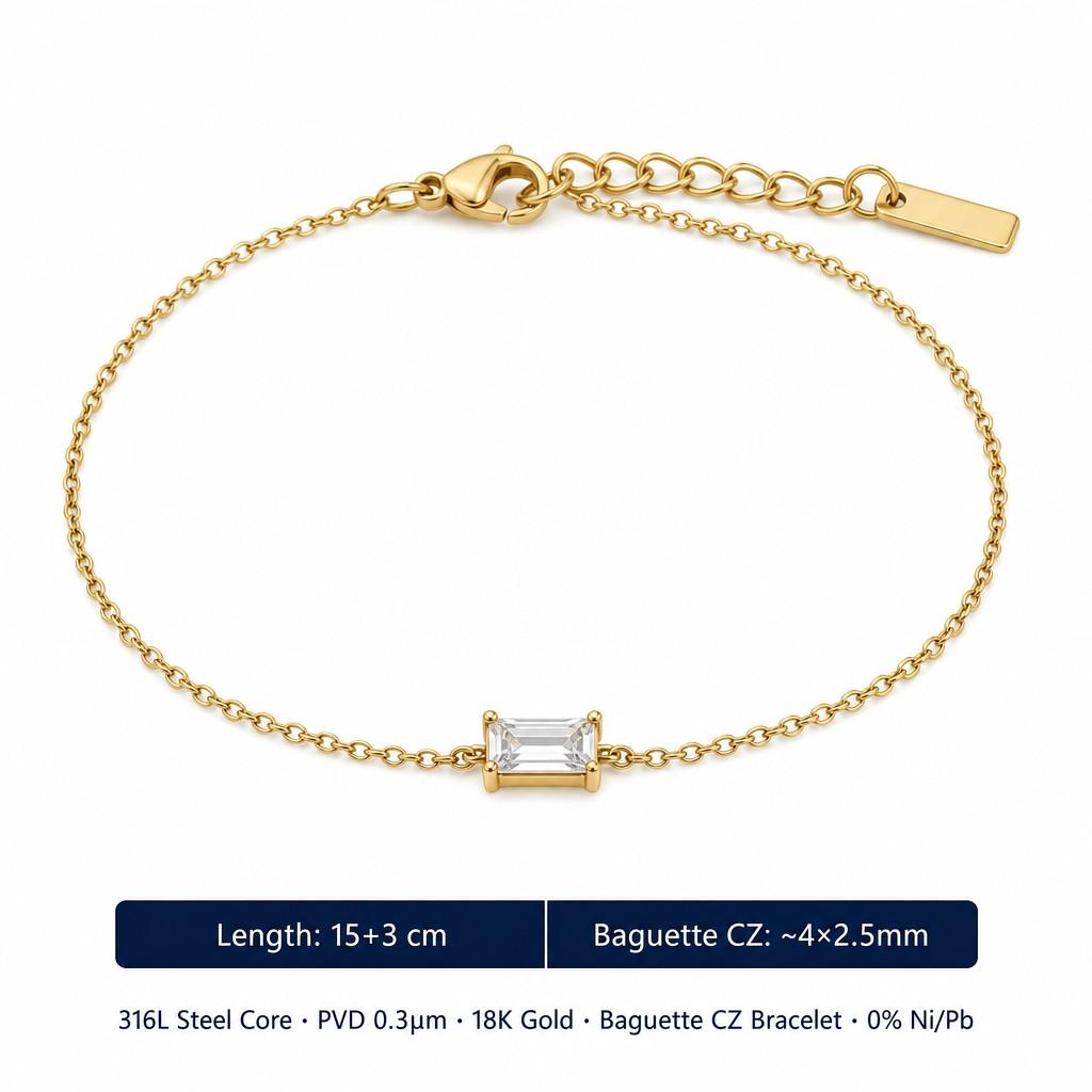 Ready to Ship 18K PVD Gold Plated Rectangle Zirconia Stainless Steel Charm Bracelet for Women Jewelry