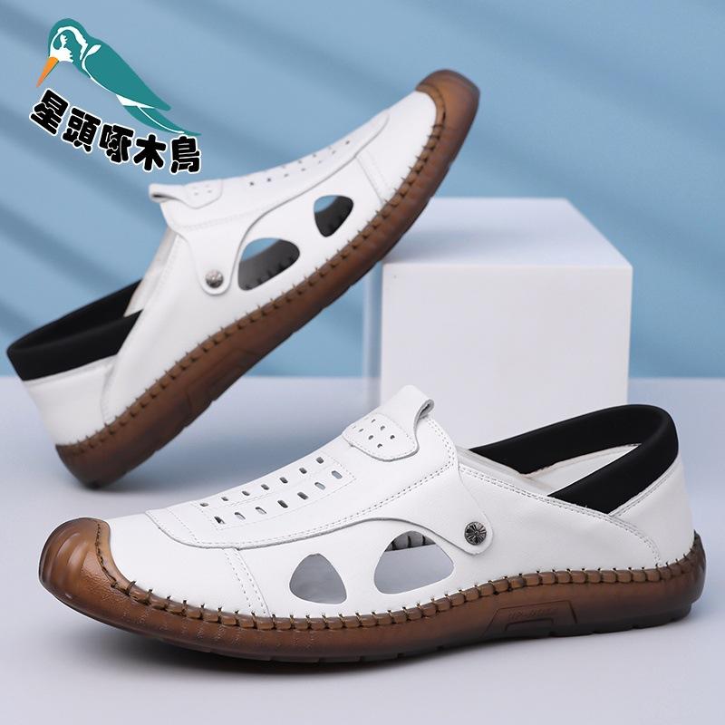 

2025 direct sales summer new men s soft leather soft sole middle-aged and elderly non-slip foot cover hole shoes sandals 38