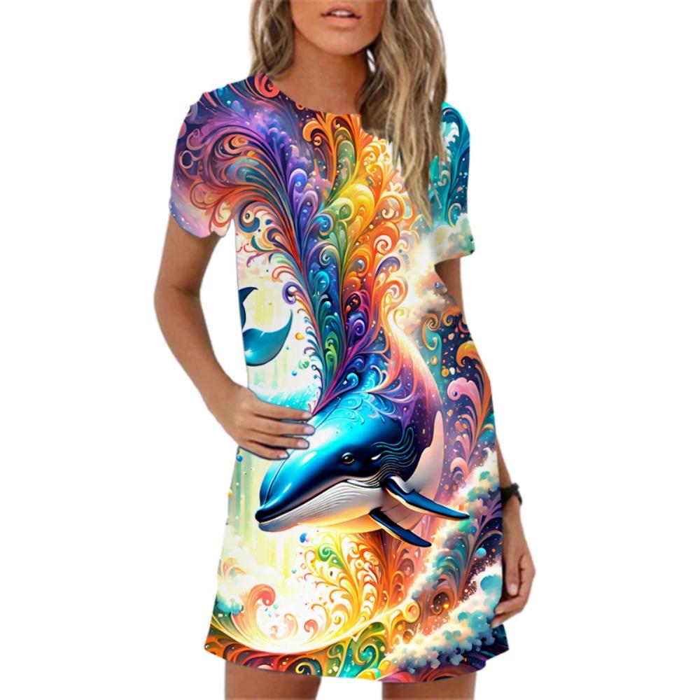 Sukienka damska w stylu oceanicznym, nowa, letnia, 2024, elegancka, z krótkim rękawem i okrągłym dekoltem, luźna, swobodna, damska, na plażę, na imprezę