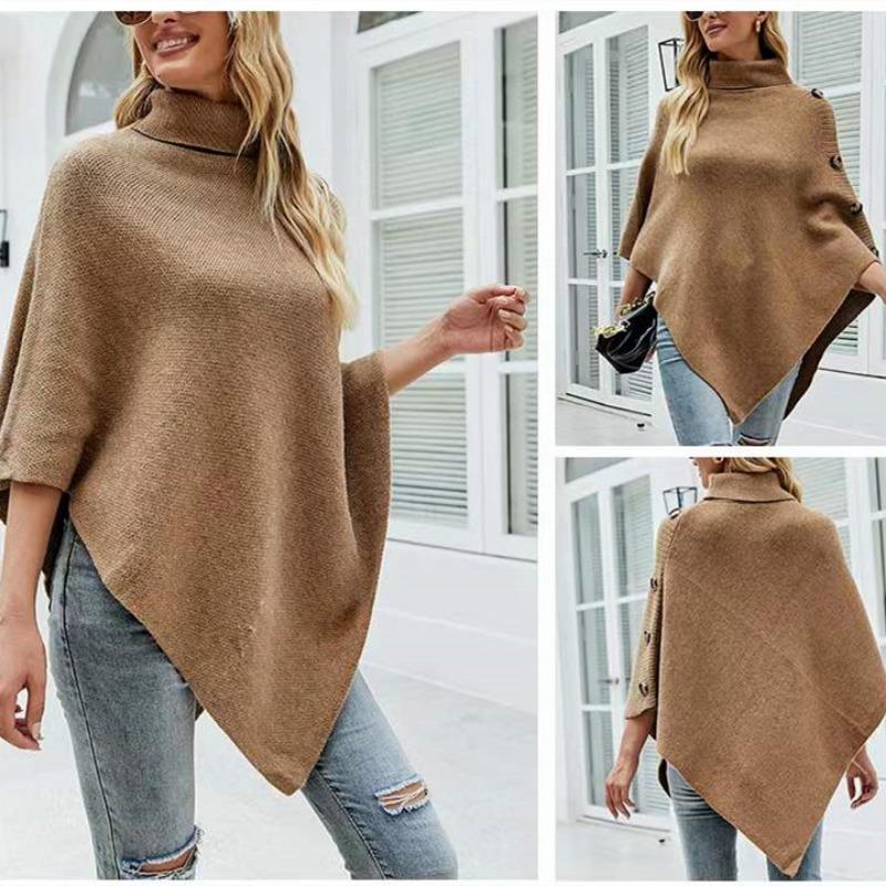 Autumn Winter Fashion Turtleneck Irregular Women Pullover Sweater Loose Shawl Cape Solid Color Knitted Cover Up Long Tops Office Casual Clothing