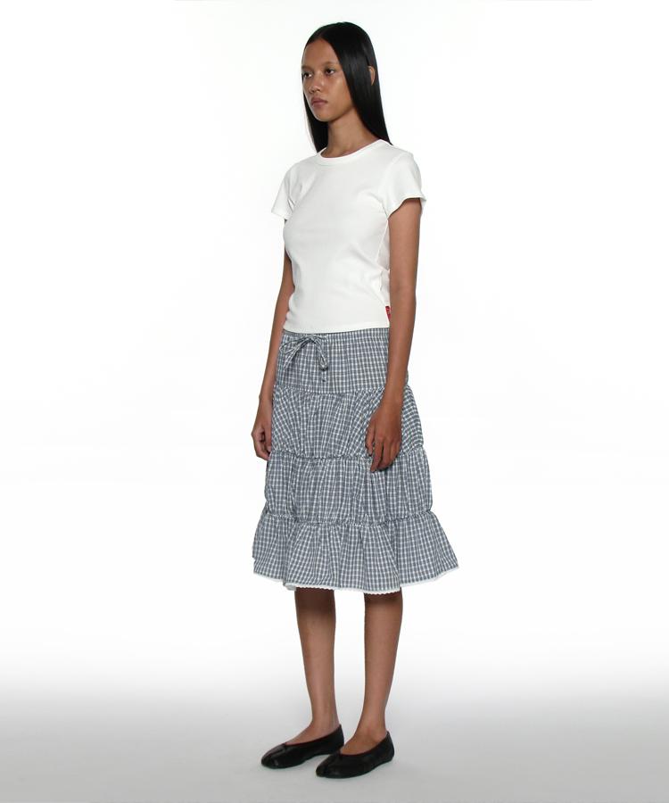 Partimento Woman Pwc Lace Trim Tiered Midi Skirt_Blue Check
