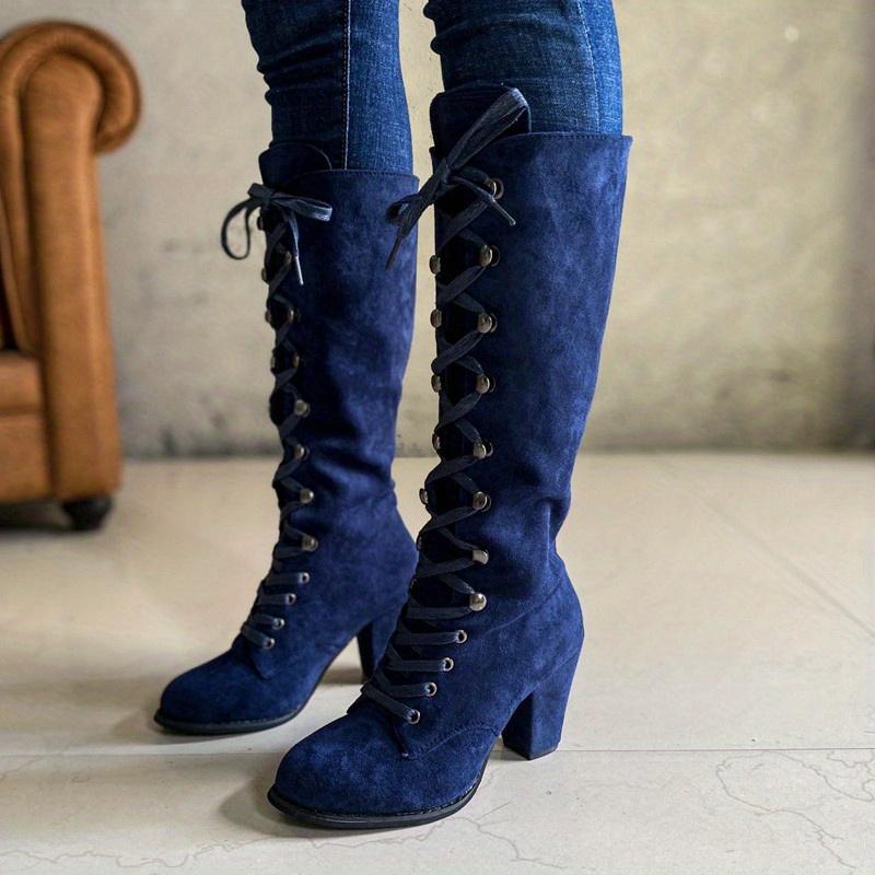 Damen Kniehohe Stiefel - Schnürstiefel mit Rundem Zehenpartie, Lässige Stiefel mit Blockabsatz, Wildleder Obermaterial & Robuste Gummisohle, Bequeme Winterstiefel
