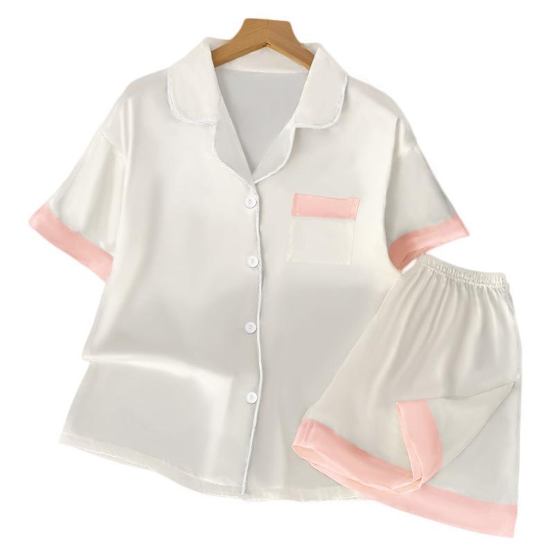 Solid Color Short-Sleeved Ice Silk Pajamas Women'S Summer Cool Casual Loose Silk Loungewear Set
