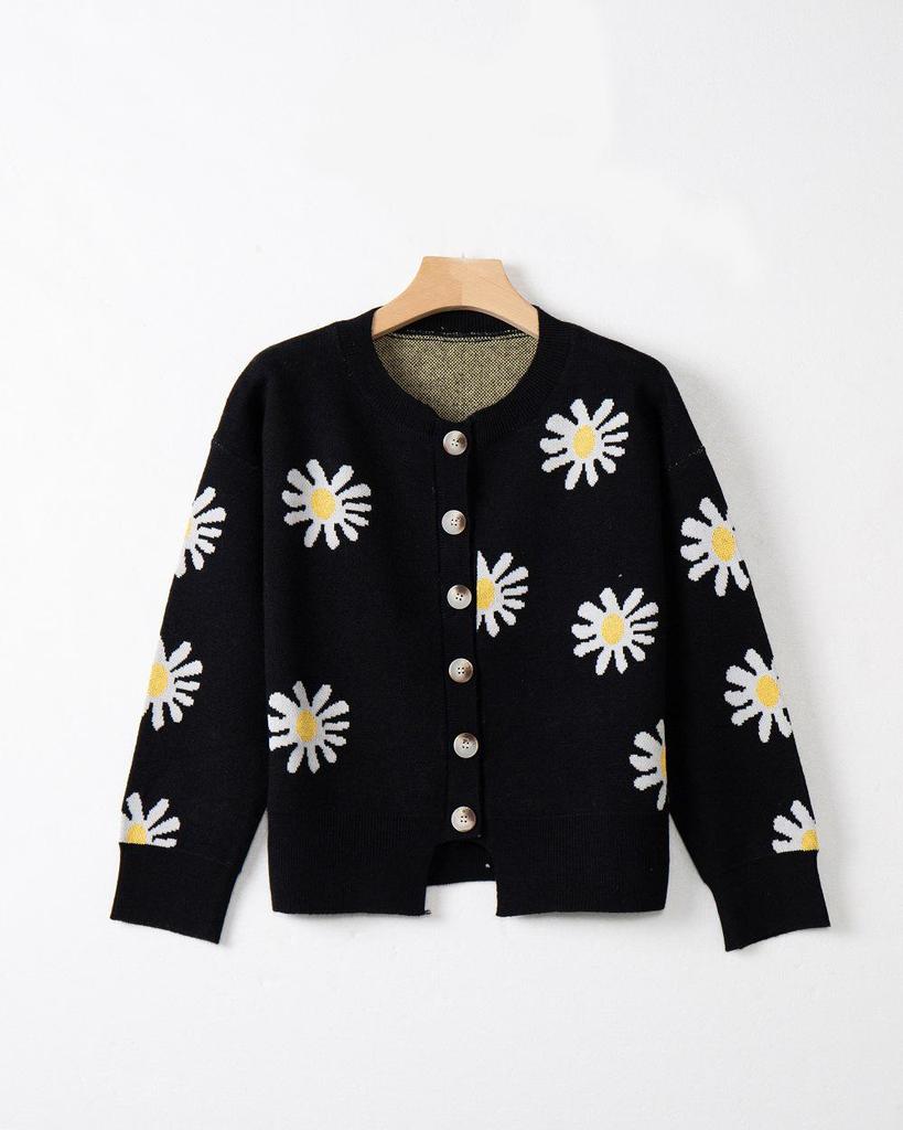 Women's Autumn-Winter Chrysanthemum Embroidered Knitted Cardigan - Casual, Simple, Fashionable, Elegant Sweater