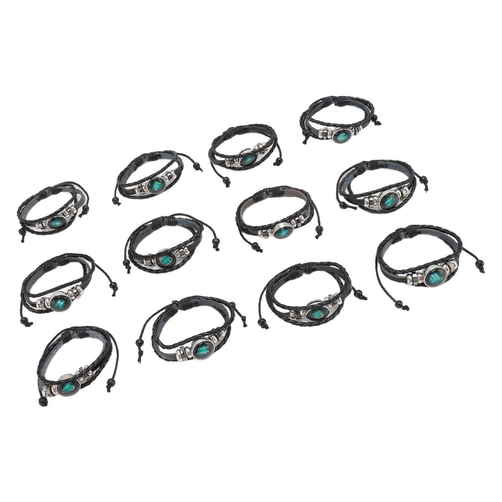 12pcs Zodiac Bracelet Multilayer Woven PU Leather Bracelet Decorative Lightweight Cuff Braided