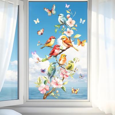 Yousheng Flor de Cerejeira Adesivos para Janela Galho Floral Borboleta Pássaros Decalque de Janela Portas de Vidro Estáticas Adesivo para Espelho para