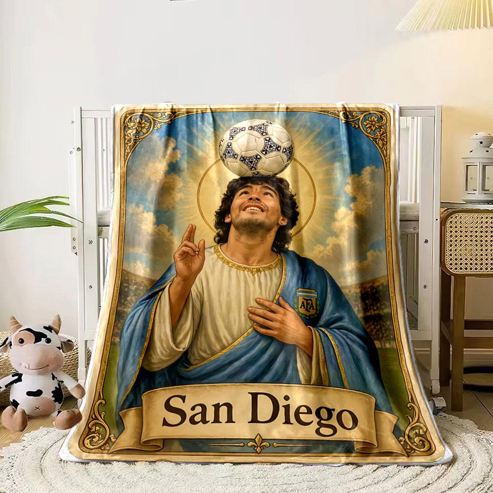 

A saint-like figure with a soccer ball halo in a stylized sacred theme. for all seasons blanket lunch break throw gift 80cm x 120cm