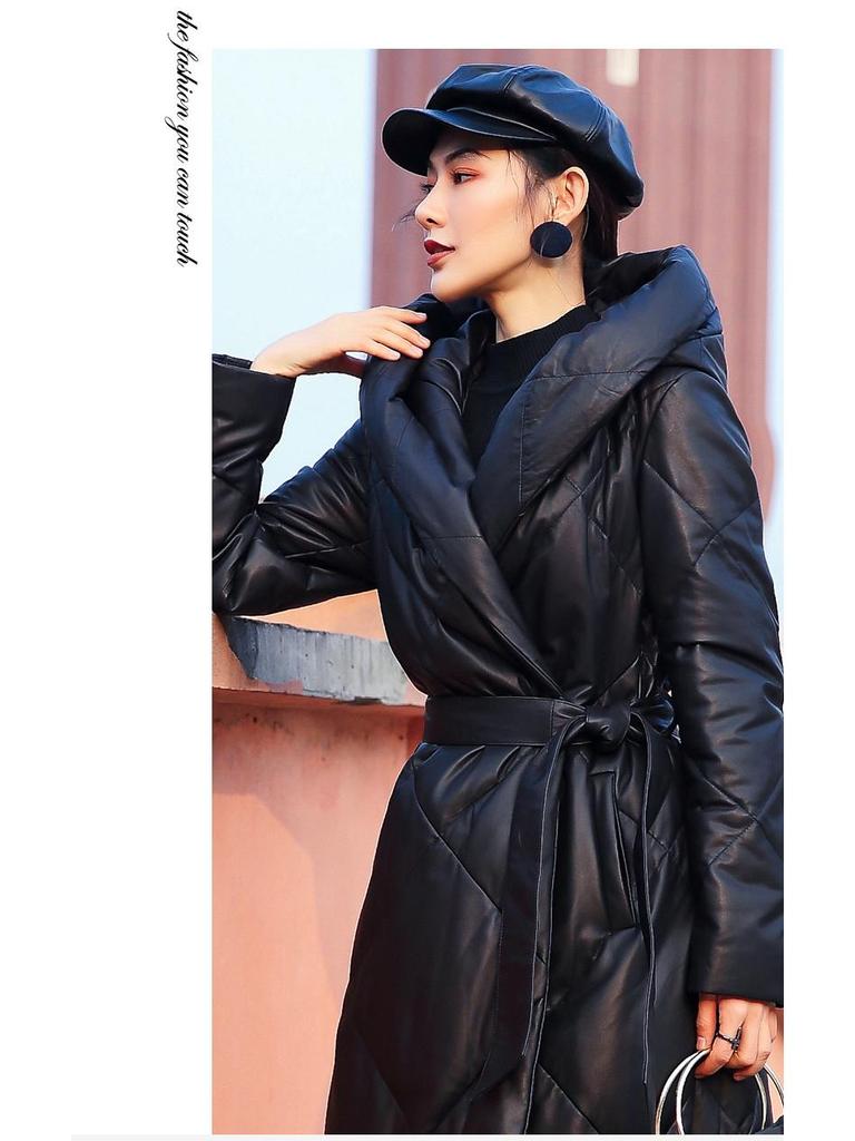 European & American 2025 Winter Sheepskin Leather Down Jacket: Women's Extra Long Thick Hooded Coat