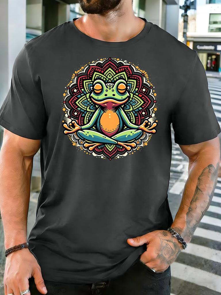 Olive Unisexs Tee Meditation Frog Unisexdala Pattern Print Crew Neck Cotton Short Sleeve Zen Male Street Summer Soft Daily Casual Wear