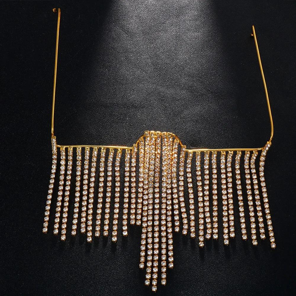 

New Fashion Tassel Face Jewelry Sunglasses Glasses Frames Alloy Frame Rhinestone Eyeglasses Frames For Women Eyewear Decoration золотистый