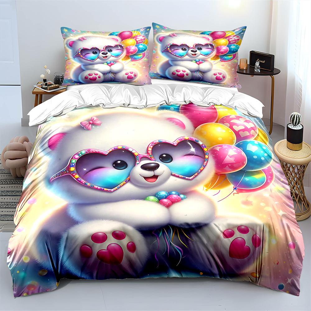 Cute white bear with colorful balloons Bedding Set for Kids Luxury Gift 3pcs Digital Print Comforter Set Soft Comfortable 135x200cm