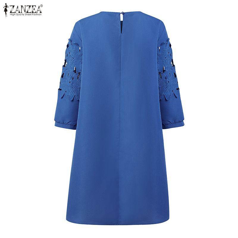 ZANZEA Women Casual Round Neck 3/4 Sleeve Loose Splice Dress