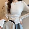 Spring new solid color bottoming shirt women's card waist pleated front shoulder long-sleeved shirt curved hem inner top