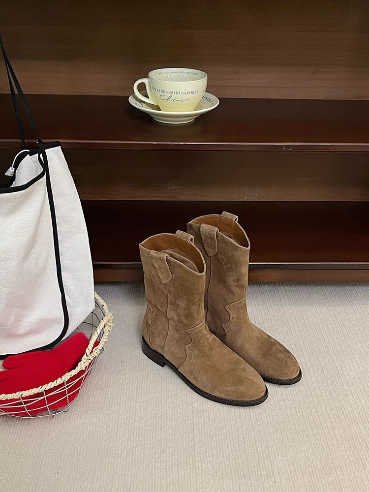 Frosted western cowboy boots medium boots 2025 autumn and winter new French Maillard retro brown low-heeled short boots women