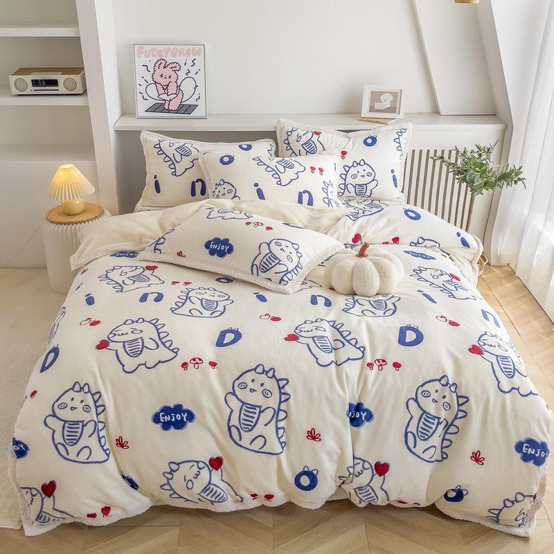 Double-Sided Thickened Milk Fleece Bed Four-Piece Set Of Fleece Lamb Fleece Children'S Quilt Cover Coral Fleece Bed Sheet To Keep Warm