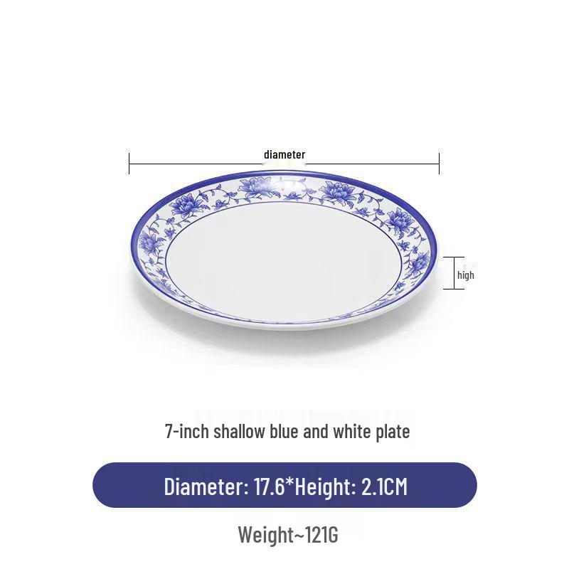 Blue & White Melamine Porcelain-Look Round Plate: Thickened, Durable for Stir-Fry, Rice, and Restaurant Use