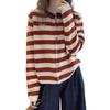 Retro Fashion Age Reducing Striped Contrasting Long Sleeved Knitted Cardigan Women's Autumn Single Breasted Round Neck Top