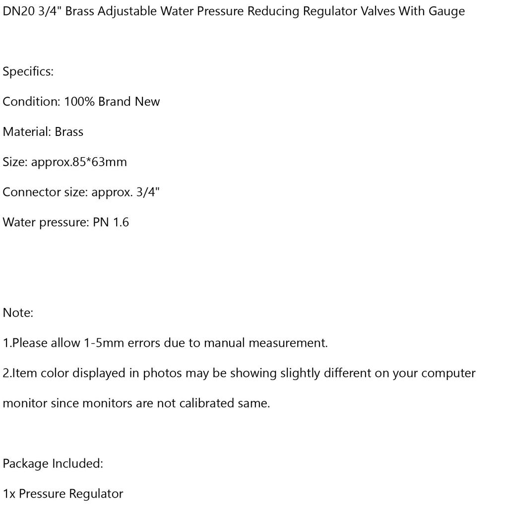 DN20 3/4" Brass Adjustable Water Pressure Reducing Regulator Valves With Gauge