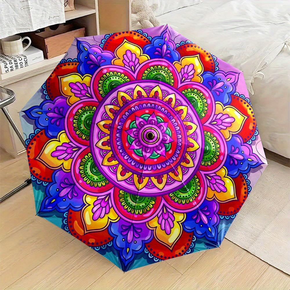 Automatic Open/Close Folding Umbrella with Mandala Floral Pattern - Compact Travel Umbrella, Auto Open Close, Lightweight & Po Iron&8K