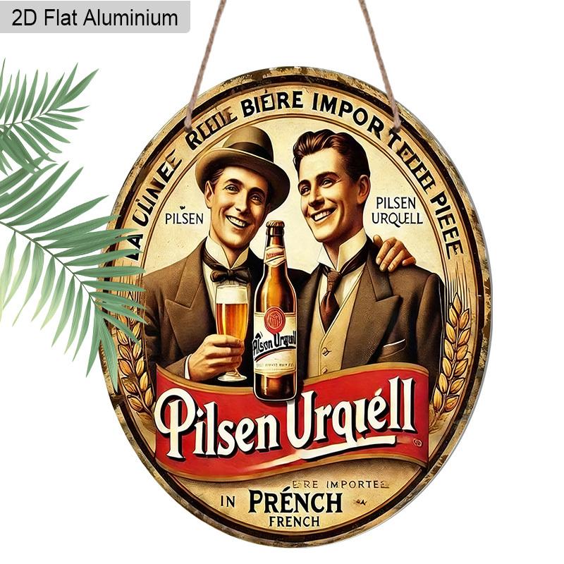 2D Flat Aluminum Retro Round Metal Sign Pilsner Urquell Beer Advertisement, Vintage Wall Art Decor with Hanging Rope, Rustic Chic Decoration for Home