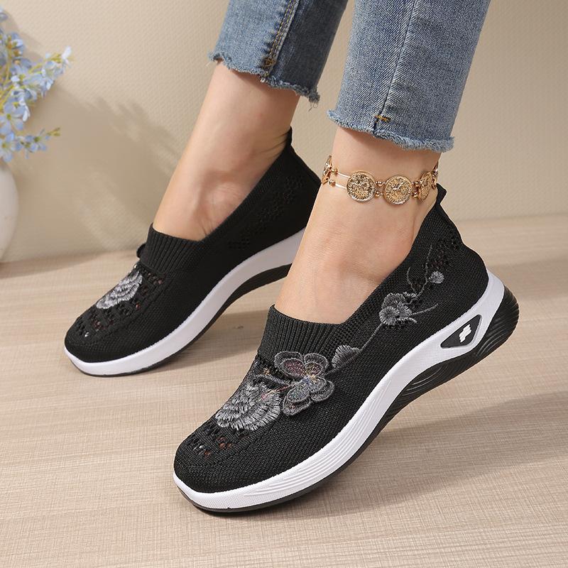 Embroidered Lightweight and Breathable Mesh Surface Sports Shoes, Women's Anti-slip Walking Shoes
