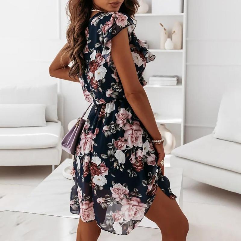 EastRogue Spring and Summer Lotus Short Sleeve Chiffon Print Casual Dress Woman