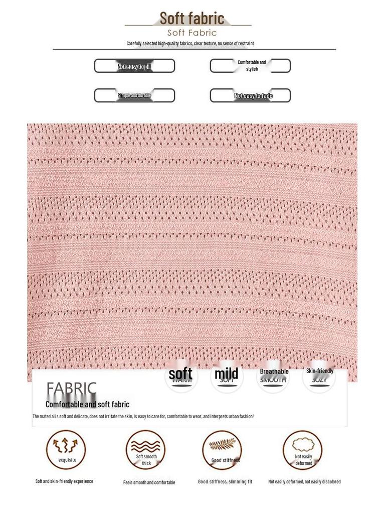 Women's Early Autumn Pink Cutout Knitwear: Gentle Style, Loose Fit, Slimming, Round Neck, Long Sleeve Top.