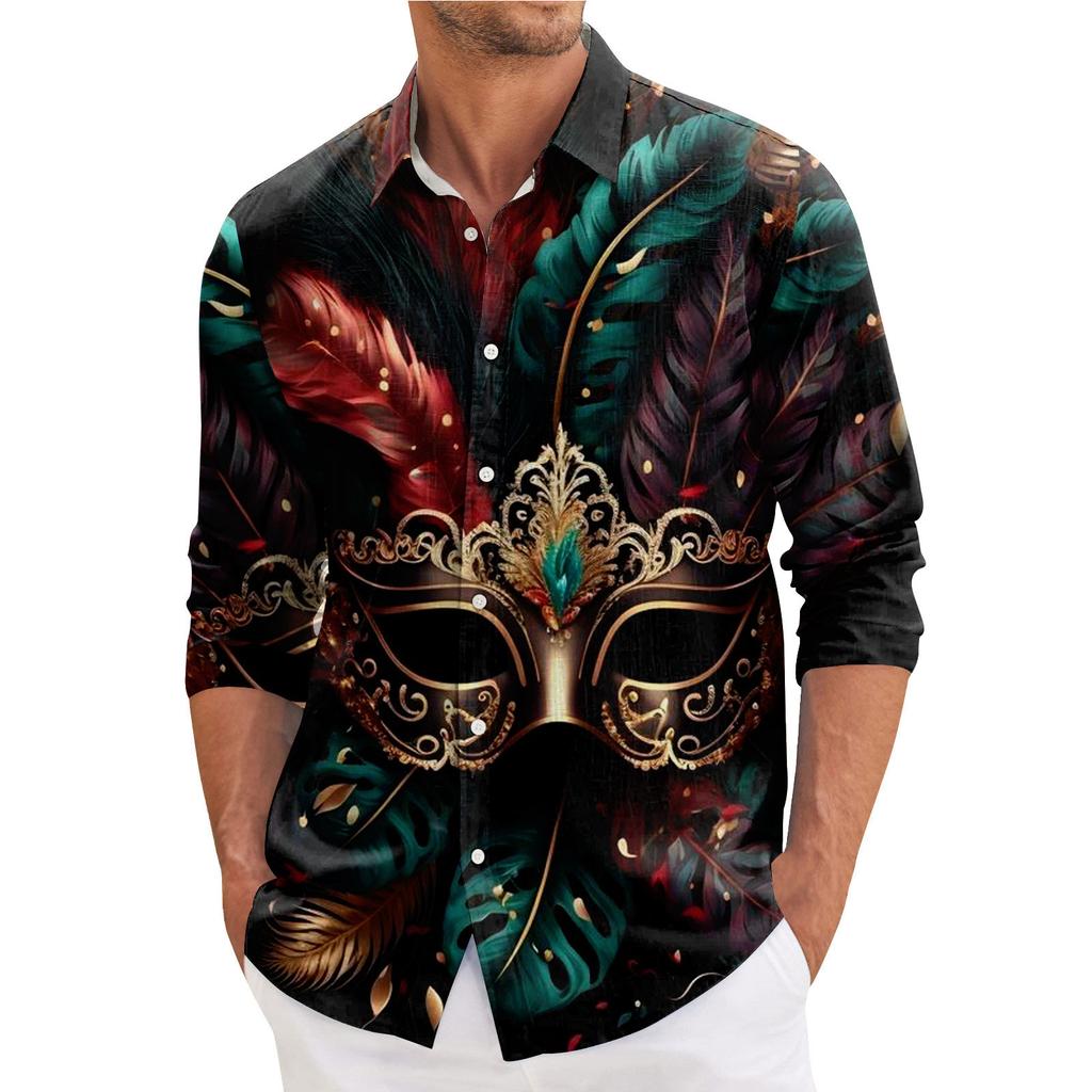 Herr Vår Casual Lös Tryckt Långärmad Skjorta Herrskjorta