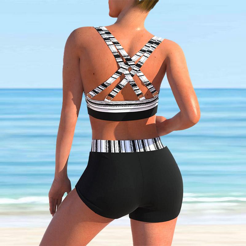 Women's Halter Diamond Pattern Print Bikini Tankini Swimsuit