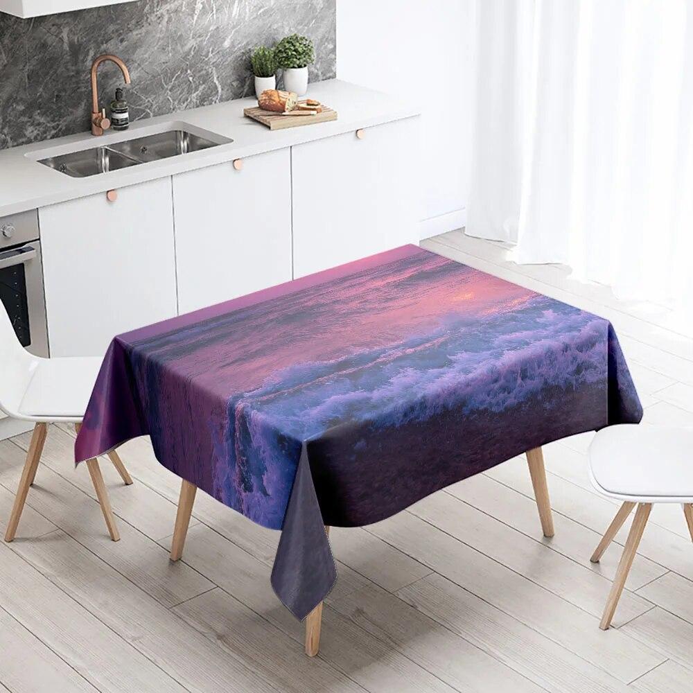 Tischdecke mit Meereslandschaft, Sonnenuntergang, schmutzabweisend, wasserdicht, rechteckig, für Küche, Esstisch, Heimdekoration