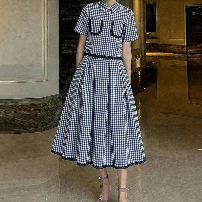 ZANZEA Women Short Sleeve Blouse and Long Skirts Plaid Print Two Piece Suit Sets