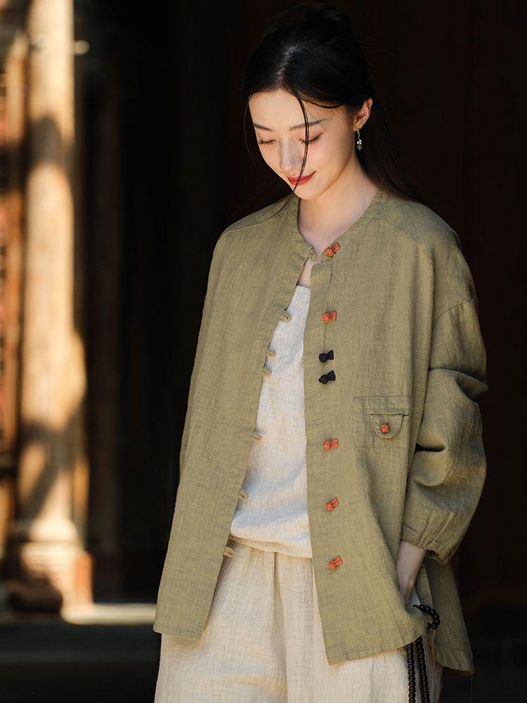 Women's Retro Cotton Linen Color Block Frog Button Cardigan Shirt