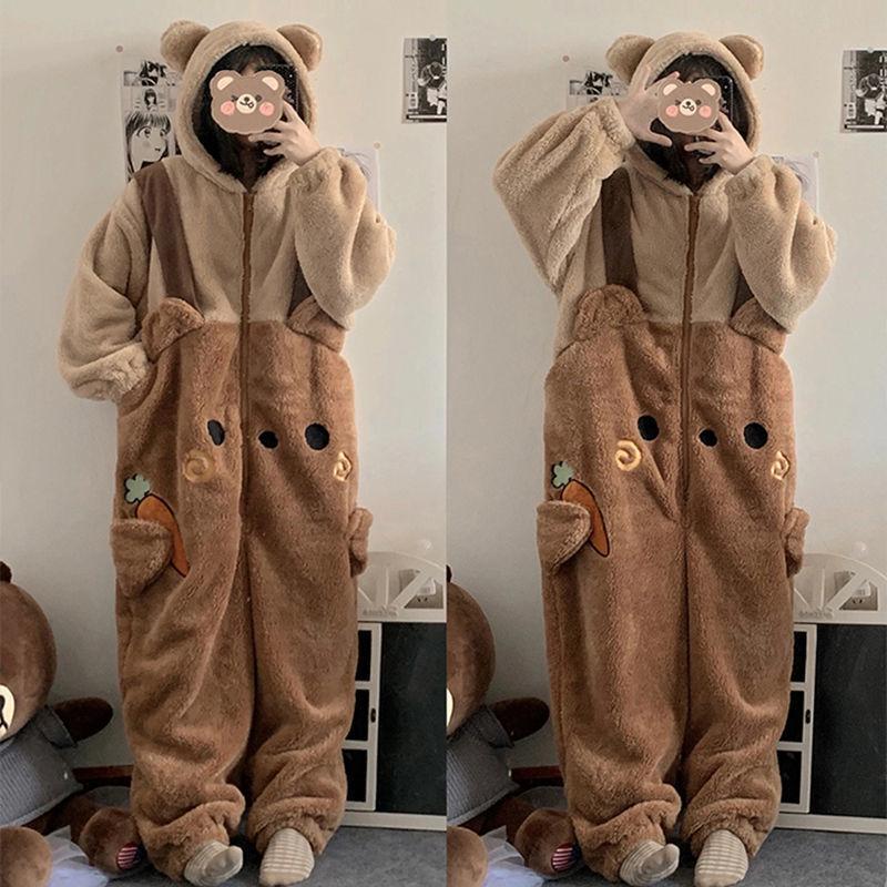 Cute Cartoon Fleece Pyjama Flannel Robes Women High Quality Onesie Adults Animal Pajamas Set Women Men Warm Winter Bear Sleepwear