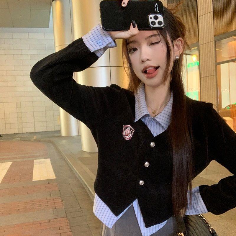 Women's Korean Academy Style Faux Two-Piece Colorblock Polo Shirt - Autumn 2025 New Arrival