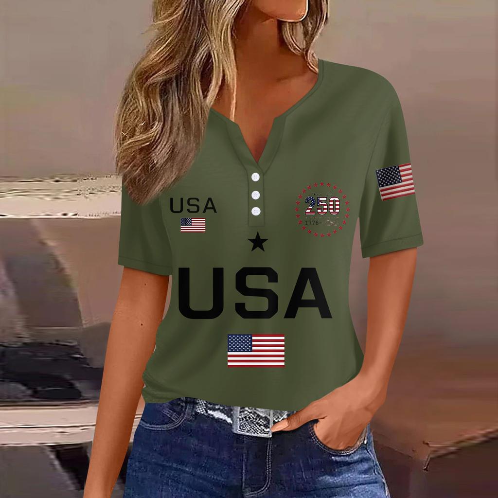 Damen-T-Shirt mit Aufdruck „Unabhängigkeitstag“ und Knopfleiste, kurzärmelig, für den Alltag und das Wochenende, modisch, Basic, V-Ausschnitt, normales Oberteil