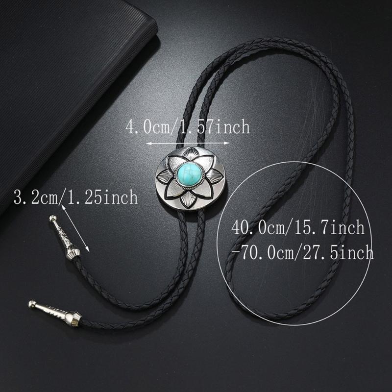 2Pcs Cowboy Bolo Tie Necktie Vintage Leather Braided Rope Necklace with Metal Flower Stone Pendant Jewelry Shirt Chain