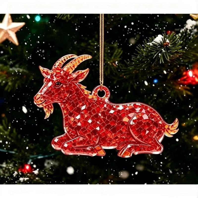 2D Acrylic Glitter Goat Pendant Creative Animal Christmas Ornament for Xmas Tree New Year Party Decoration