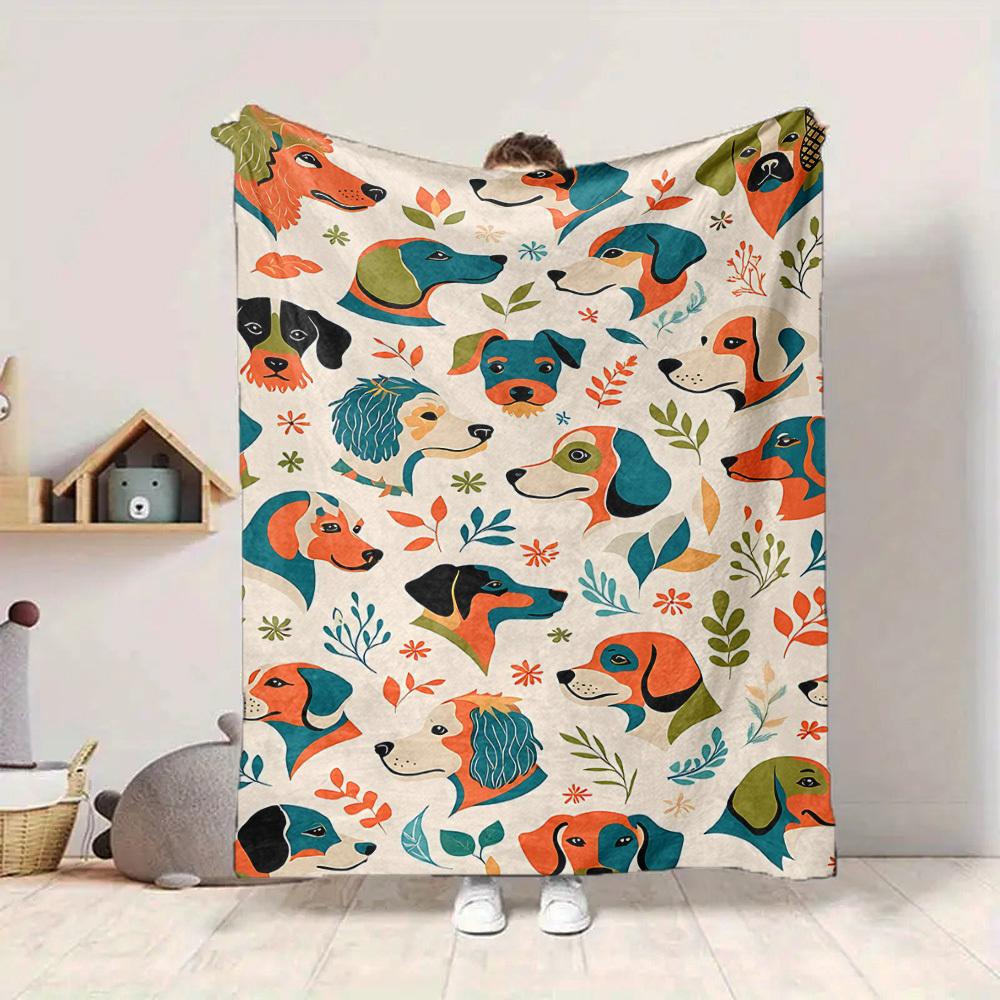 1pc Dogs Floral Lightweight Flannel Blanket, Comfortable and Warm Blanket, for Office and Camping Sofa Bed, Livingroom124