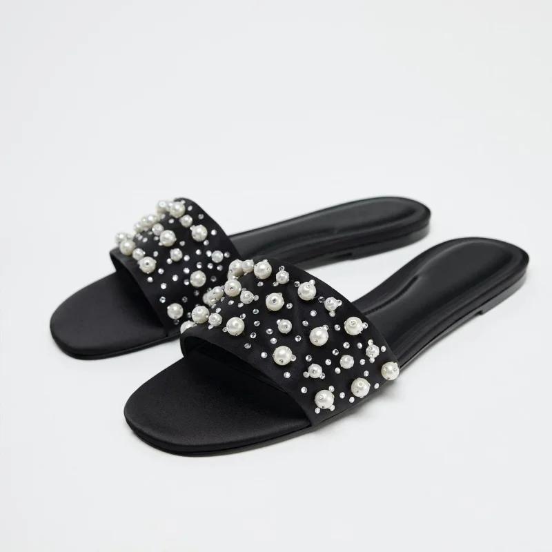 Fashion Sparkling White String Bead Decorative Women Slippers Luxury Pearl Design Peep Toe Slide Sandals Summer Comfortable Flat Sandals