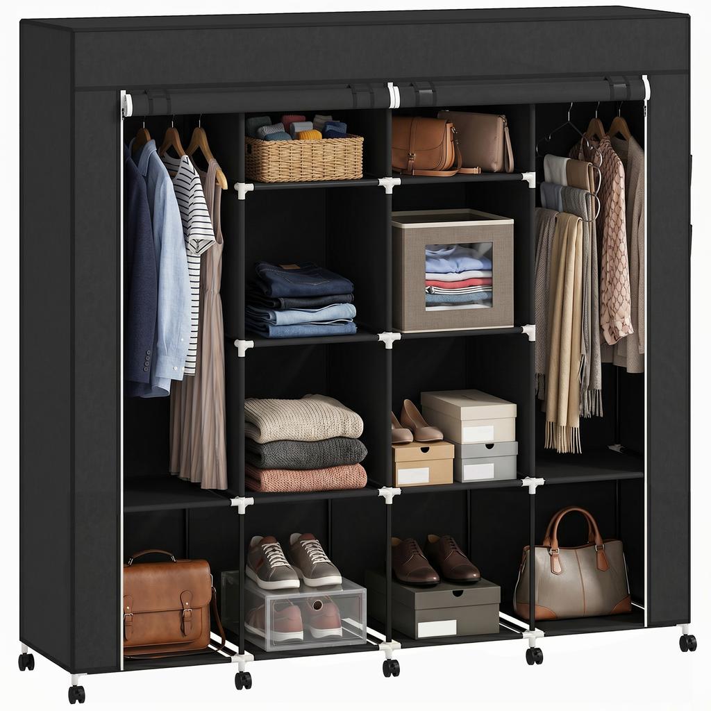 Fabric wardrobe closet, mobile storage furniture with 10 wheels and 10 compartments, hanging rods, black