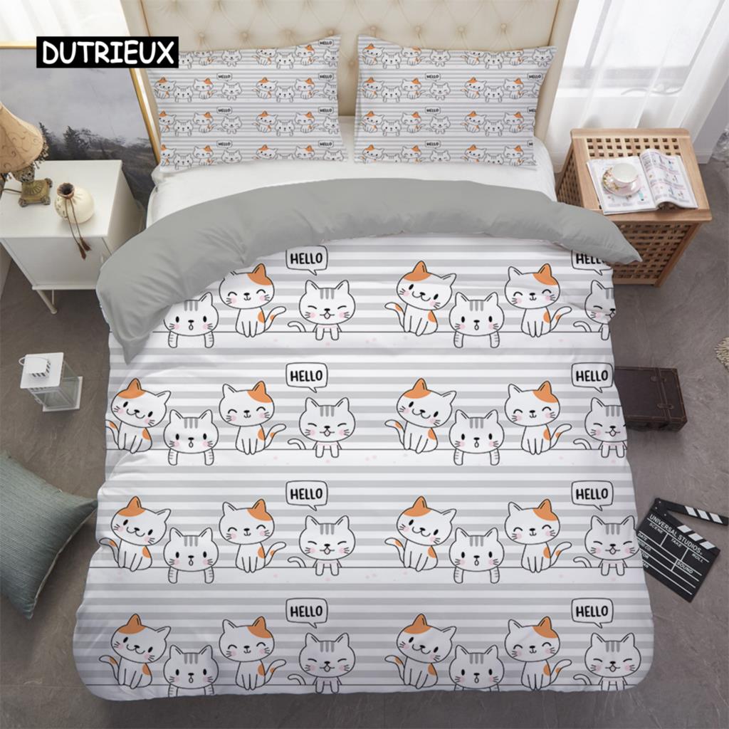 Home Textile Cartoons Cute Cat Quilt Cover Duvet Cover Pillow Case Boy Girl 2/3Pcs Polyester Bedding Set King Queen Twin Size