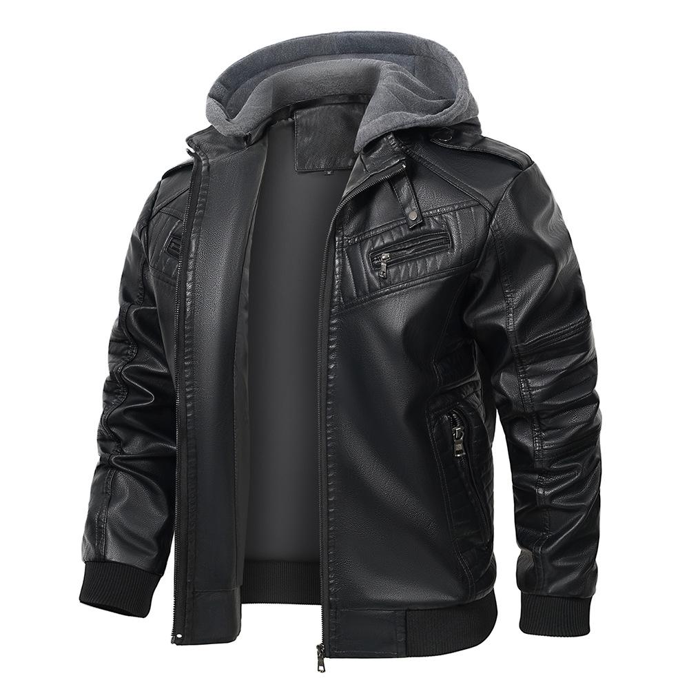 Europe, America, autumn and winter removable hooded PU leather jacket zipper leather jacket men's jacket European size new