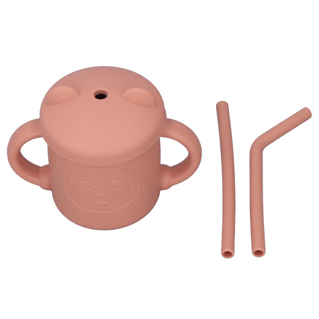 Silicone Baby Cup Drinking Training Two Handles Lid Straw Cartoon Style Food Grade Durable Silicone Toddler Straw CupsOrange
