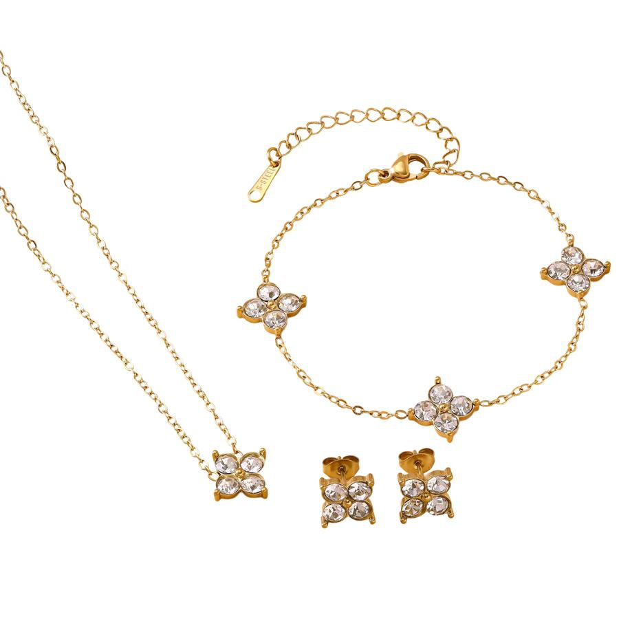Zircon Four-Leaf Clover Jewelry Set: Bracelet, Necklace & Earrings In Luxury Diamond-Inlaid Stainless Steel