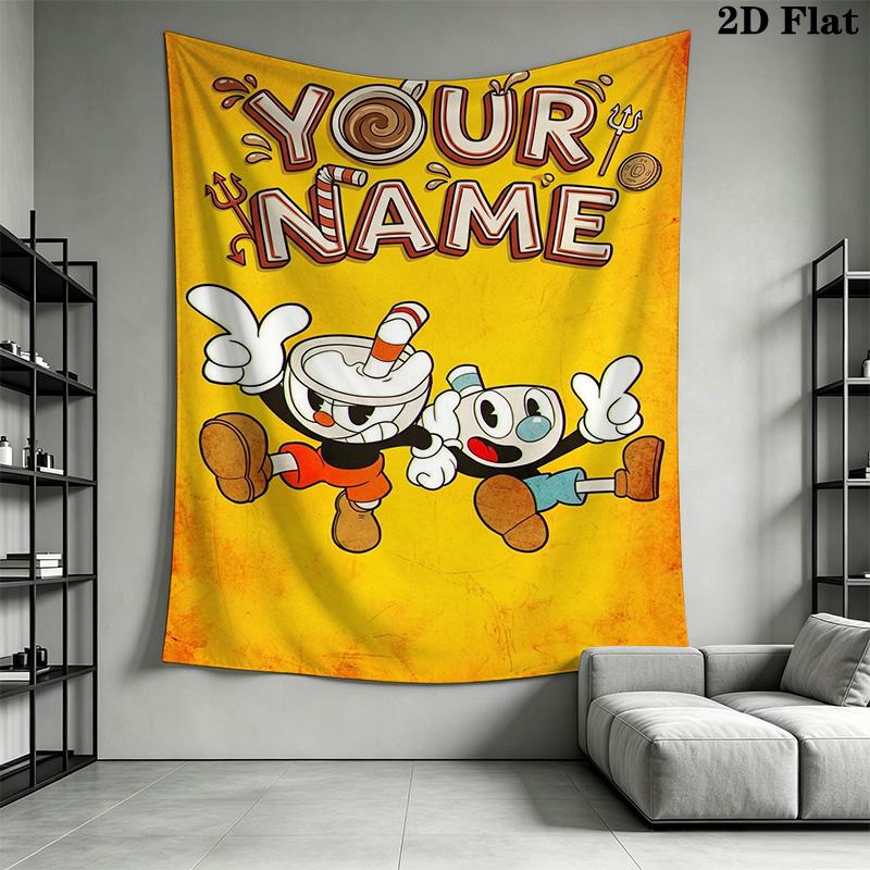 Name Custom Cuphead Game Wall Tapestry Aesthetic Wall Hanging Printed Fabric Blanket Decorative Tapestries for Bedroom Living Room Home Decor