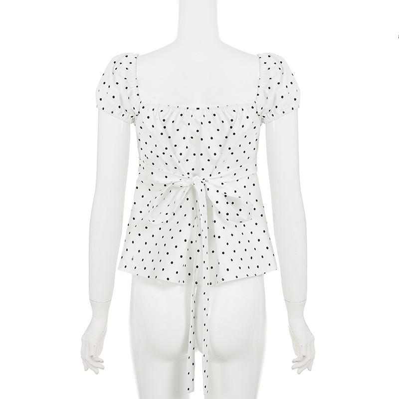 2025 Eng anliegendes T-Shirt mit Puffärmeln, Polka-Dots und V-Ausschnitt